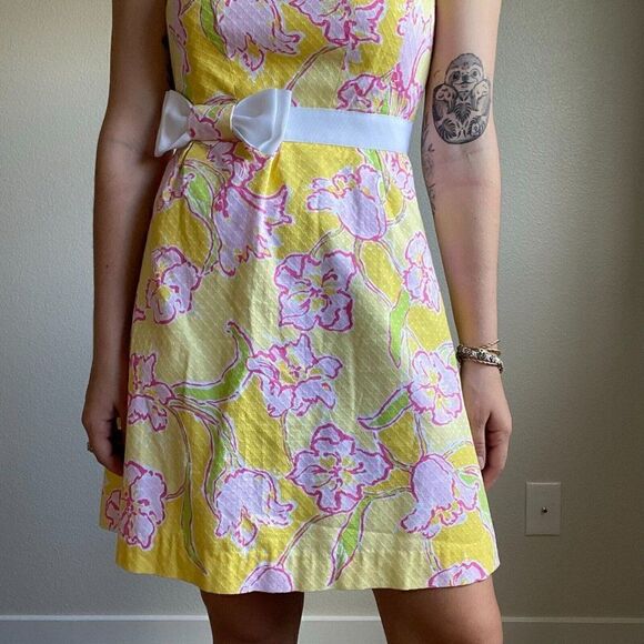 Lilly Pulitzer Strapless Y2K Cotton Yellow Floral Mini Bow Summer Dress Sz 2 - Picture 10 of 10
